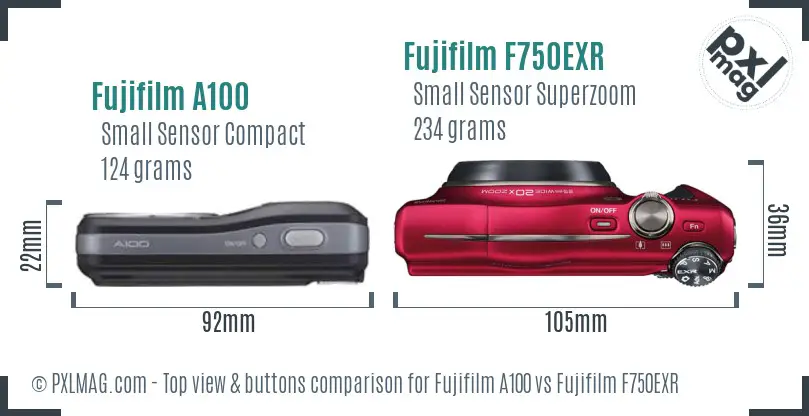 Fujifilm A100 vs Fujifilm F750EXR top view buttons comparison Fujifilm A100 vs Fujifilm F750EXR top view buttons comparison
