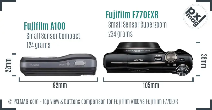 Fujifilm A100 vs Fujifilm F770EXR top view buttons comparison Fujifilm A100 vs Fujifilm F770EXR top view buttons comparison