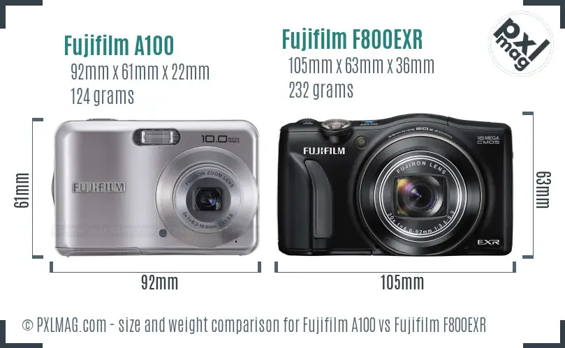 Fujifilm A100 vs Fujifilm F800EXR size comparison