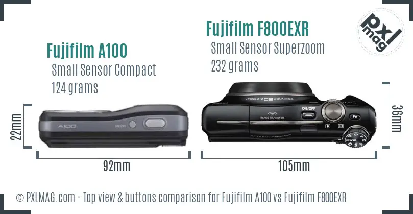 Fujifilm A100 vs Fujifilm F800EXR top view buttons comparison