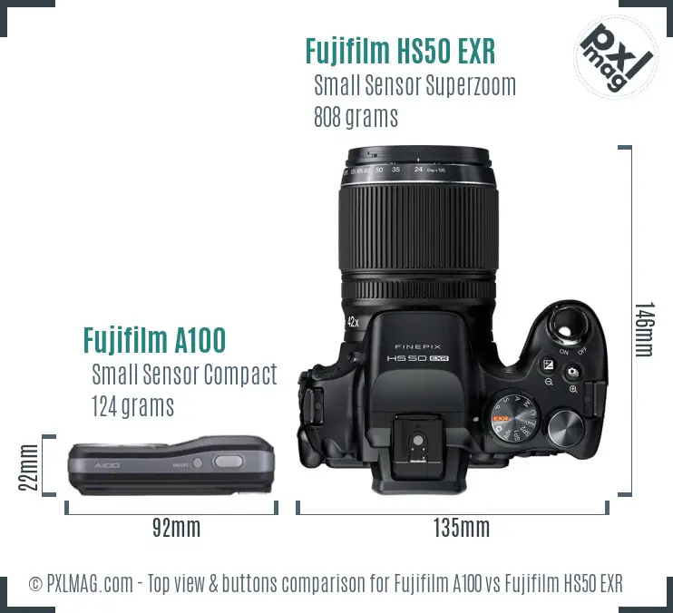 Fujifilm A100 vs Fujifilm HS50 EXR top view buttons comparison Fujifilm A100 vs Fujifilm HS50 EXR top view buttons comparison
