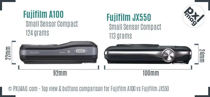 Fujifilm A100 vs Fujifilm JX550 top view buttons comparison