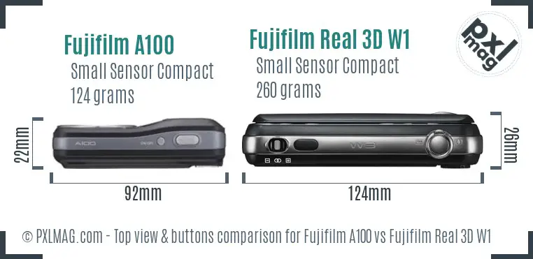 Fujifilm A100 vs Fujifilm Real 3D W1 top view buttons comparison