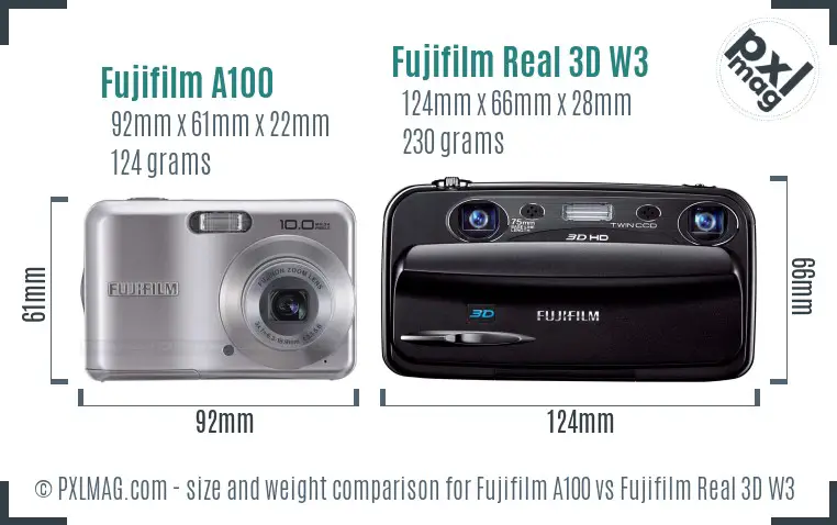 Fujifilm A100 vs Fujifilm Real 3D W3 size comparison