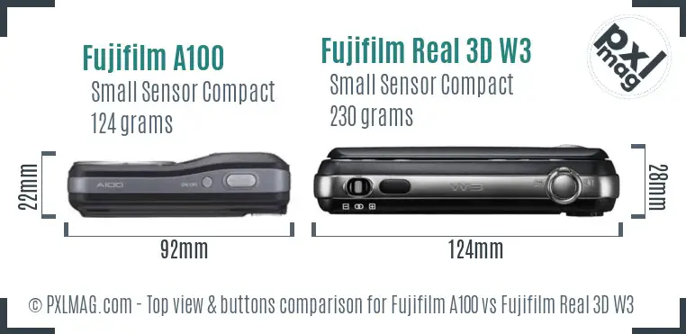 Fujifilm A100 vs Fujifilm Real 3D W3 top view buttons comparison