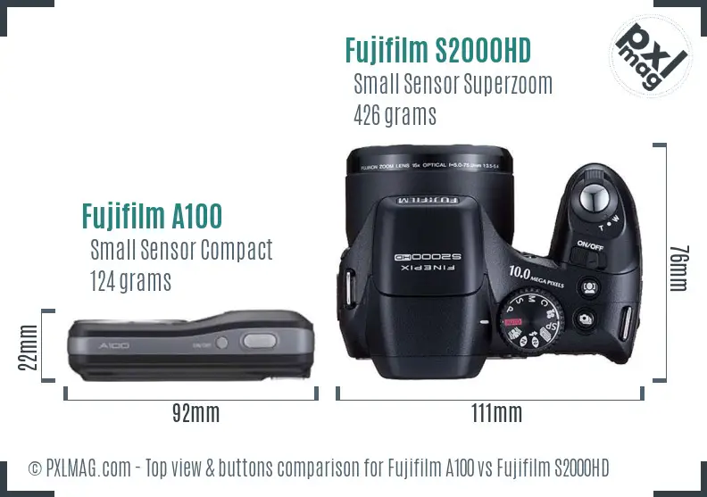 Fujifilm A100 vs Fujifilm S2000HD top view buttons comparison Fujifilm A100 vs Fujifilm S2000HD top view buttons comparison
