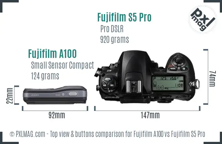 Fujifilm A100 vs Fujifilm S5 Pro top view buttons comparison