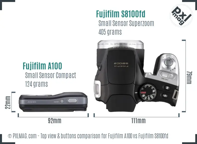 Fujifilm A100 vs Fujifilm S8100fd top view buttons comparison
