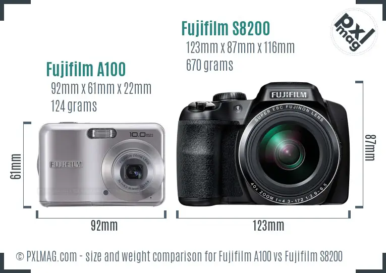 Fujifilm A100 vs Fujifilm S8200 size comparison