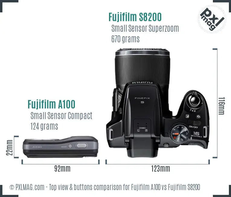 Fujifilm A100 vs Fujifilm S8200 top view buttons comparison