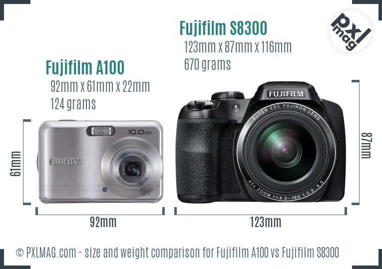 Fujifilm A100 vs Fujifilm S8300 size comparison
