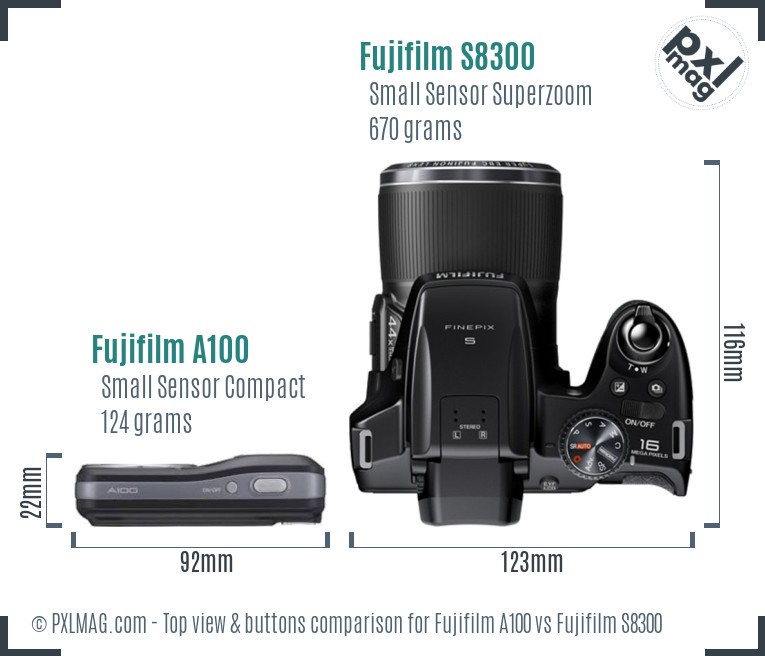 Fujifilm A100 vs Fujifilm S8300 top view buttons comparison