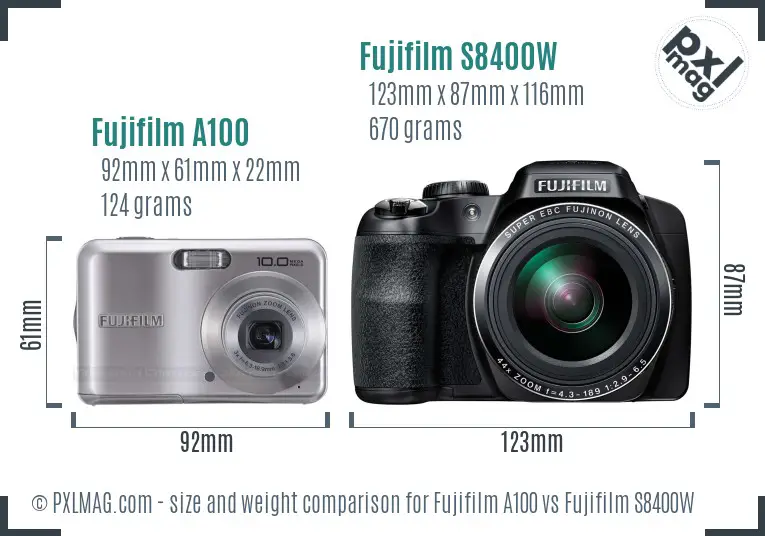 Fujifilm A100 vs Fujifilm S8400W size comparison