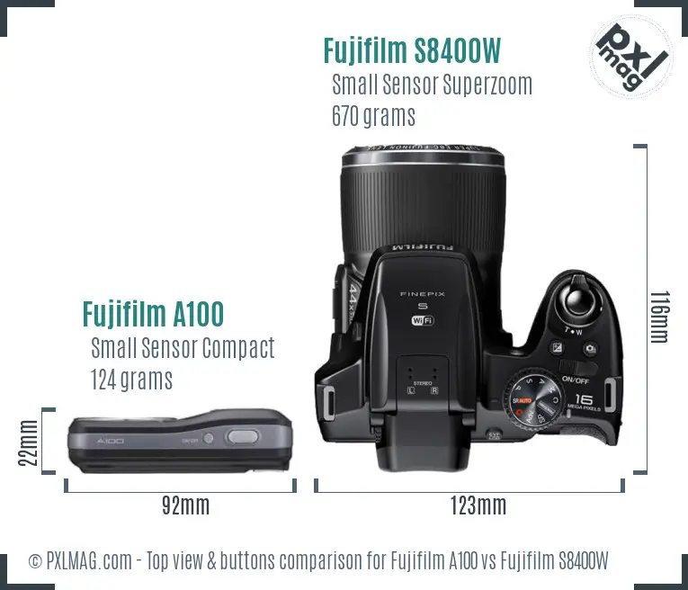 Fujifilm A100 vs Fujifilm S8400W top view buttons comparison