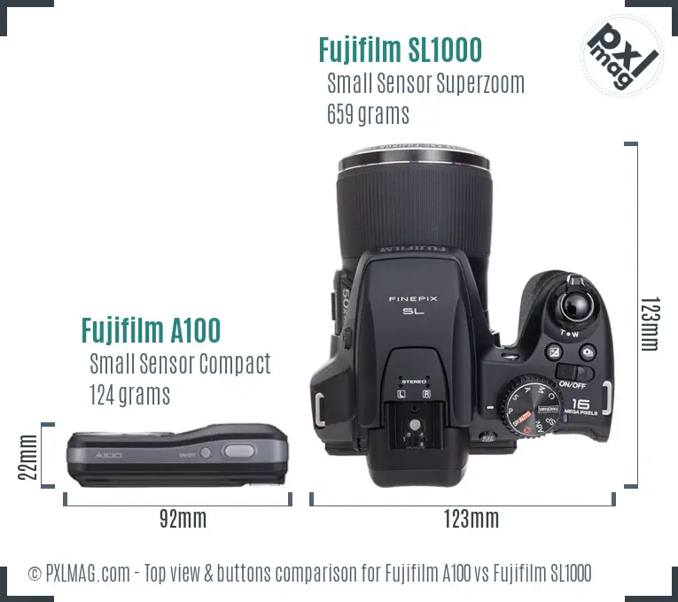 Fujifilm A100 vs Fujifilm SL1000 top view buttons comparison