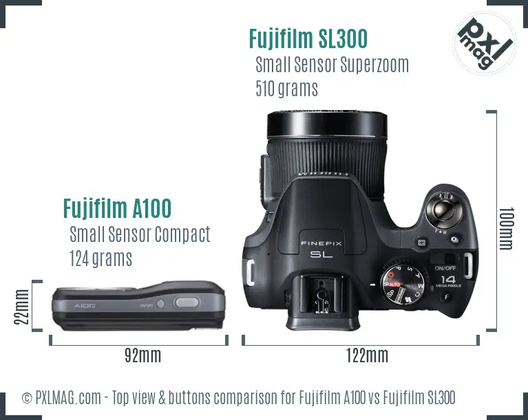 Fujifilm A100 vs Fujifilm SL300 top view buttons comparison