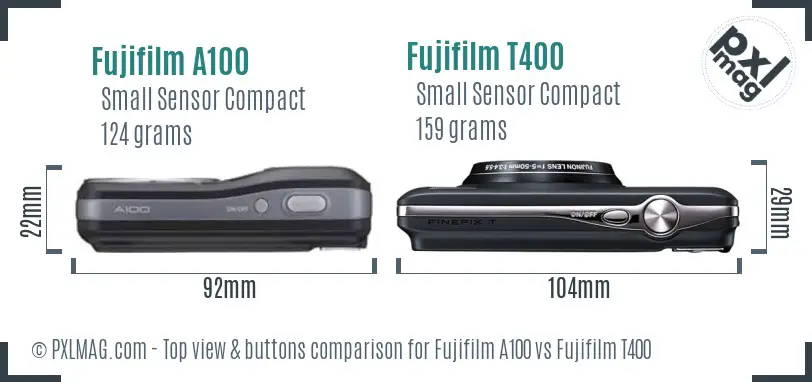 Fujifilm A100 vs Fujifilm T400 top view buttons comparison