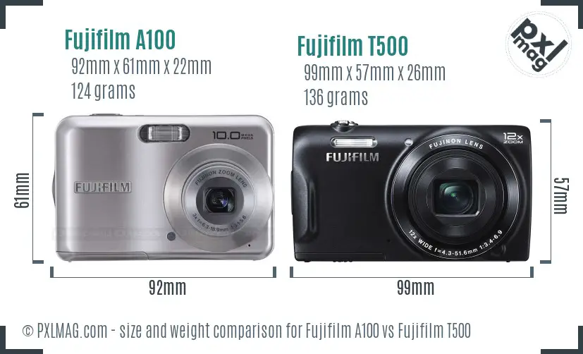 Fujifilm A100 vs Fujifilm T500 size comparison