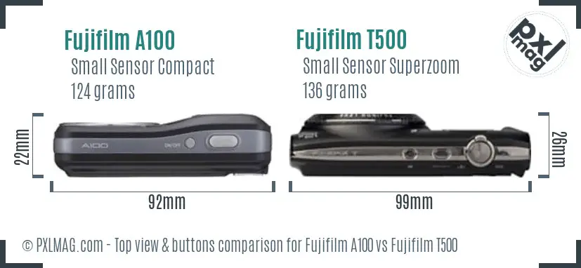 Fujifilm A100 vs Fujifilm T500 top view buttons comparison