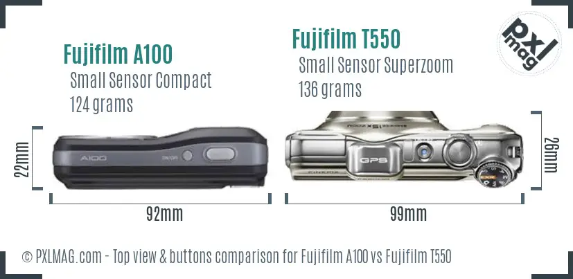 Fujifilm A100 vs Fujifilm T550 top view buttons comparison
