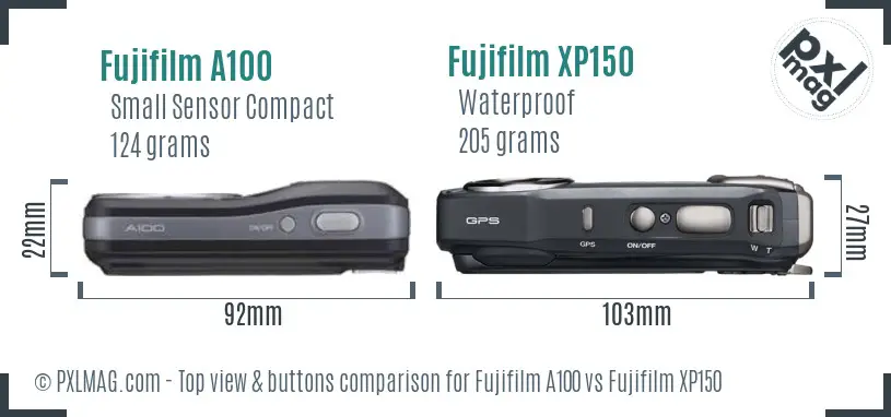 Fujifilm A100 vs Fujifilm XP150 top view buttons comparison