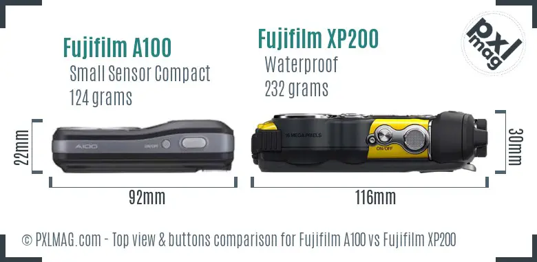Fujifilm A100 vs Fujifilm XP200 top view buttons comparison