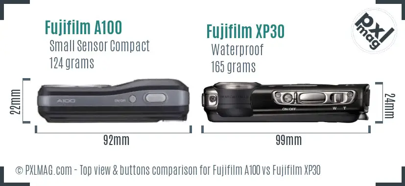 Fujifilm A100 vs Fujifilm XP30 top view buttons comparison