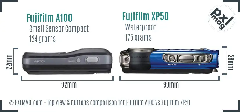 Fujifilm A100 vs Fujifilm XP50 top view buttons comparison