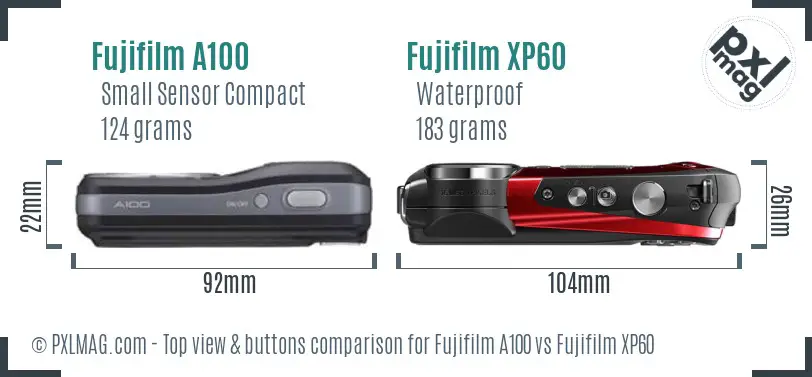 Fujifilm A100 vs Fujifilm XP60 top view buttons comparison