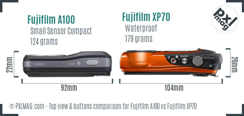 Fujifilm A100 vs Fujifilm XP70 top view buttons comparison
