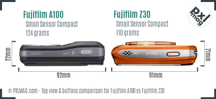 Fujifilm A100 vs Fujifilm Z30 top view buttons comparison