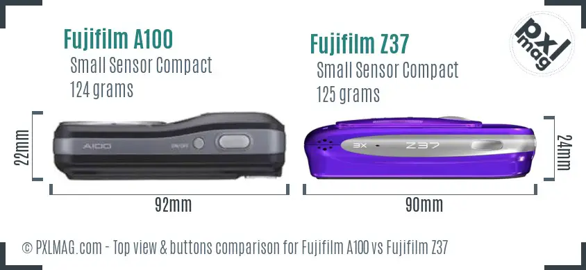 Fujifilm A100 vs Fujifilm Z37 top view buttons comparison
