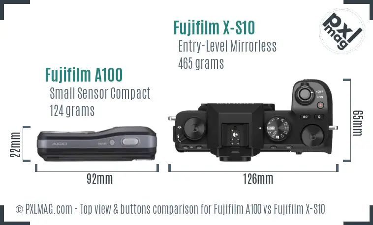Fujifilm A100 vs Fujifilm X-S10 top view buttons comparison