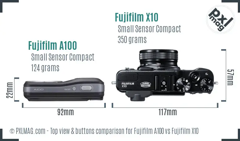 Fujifilm A100 vs Fujifilm X10 top view buttons comparison Fujifilm A100 vs Fujifilm X10 top view buttons comparison