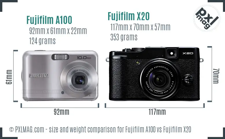 Fujifilm A100 vs Fujifilm X20 size comparison