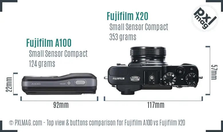 Fujifilm A100 vs Fujifilm X20 top view buttons comparison