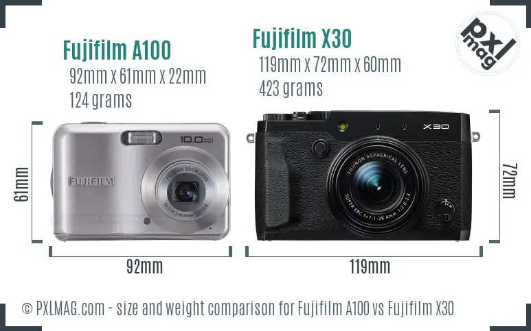 Fujifilm A100 vs Fujifilm X30 size comparison