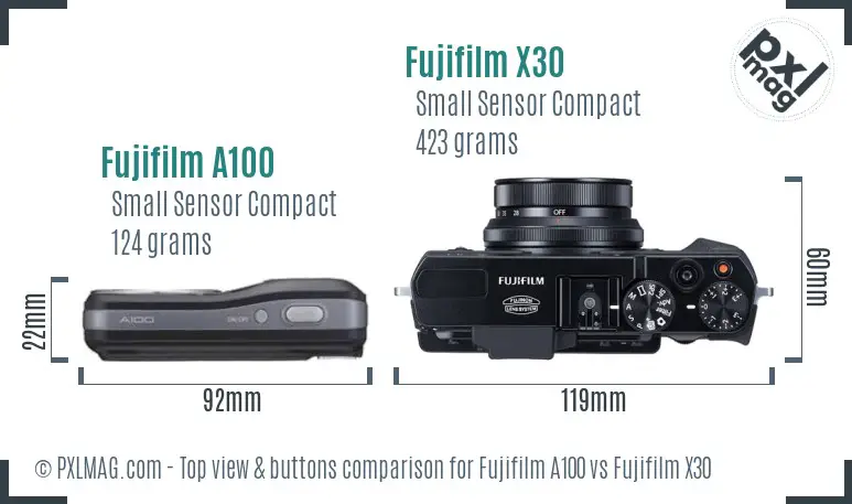 Fujifilm A100 vs Fujifilm X30 top view buttons comparison