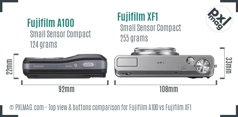 Fujifilm A100 vs Fujifilm XF1 top view buttons comparison Fujifilm A100 vs Fujifilm XF1 top view buttons comparison