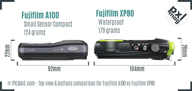 Fujifilm A100 vs Fujifilm XP80 top view buttons comparison