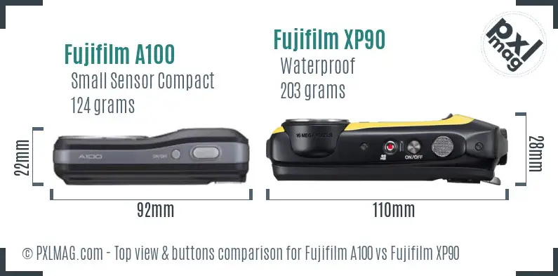 Fujifilm A100 vs Fujifilm XP90 top view buttons comparison
