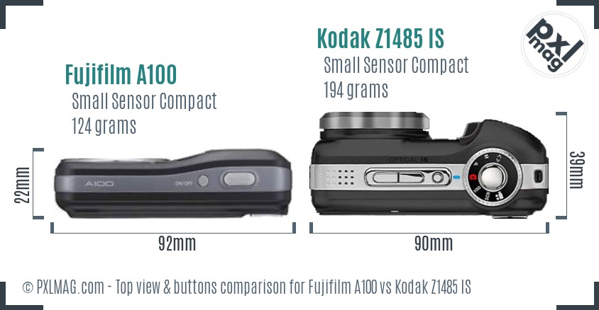 Fujifilm A100 vs Kodak Z1485 IS top view buttons comparison