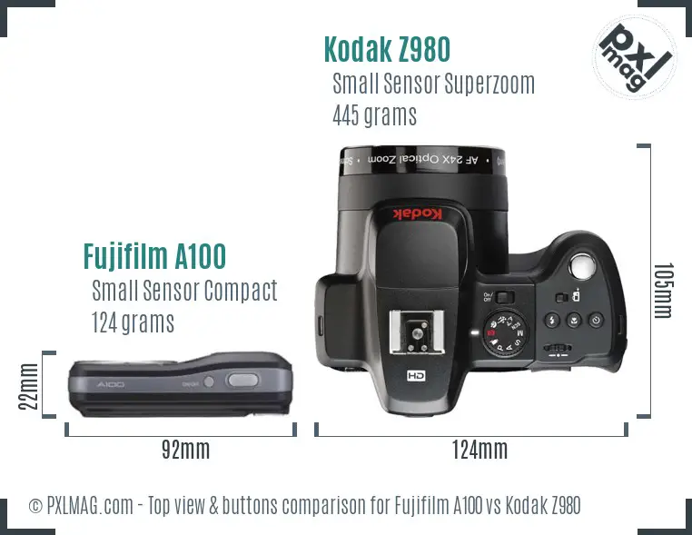 Fujifilm A100 vs Kodak Z980 top view buttons comparison