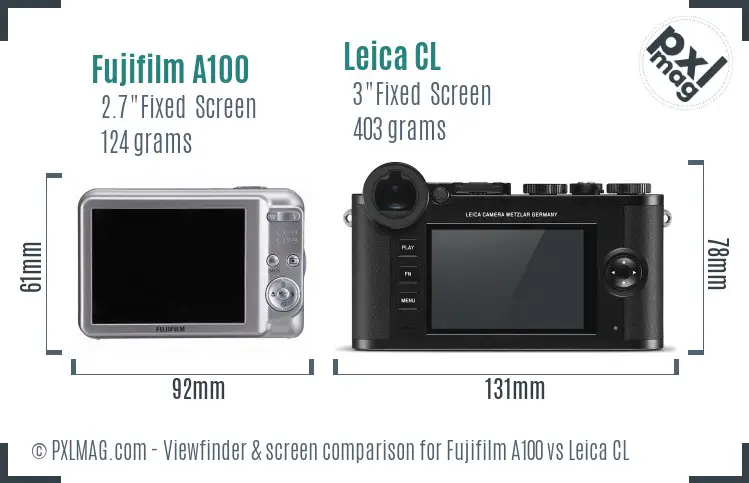 Fujifilm A100 vs Leica CL Screen and Viewfinder comparison