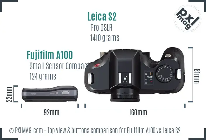 Fujifilm A100 vs Leica S2 top view buttons comparison Fujifilm A100 vs Leica S2 top view buttons comparison