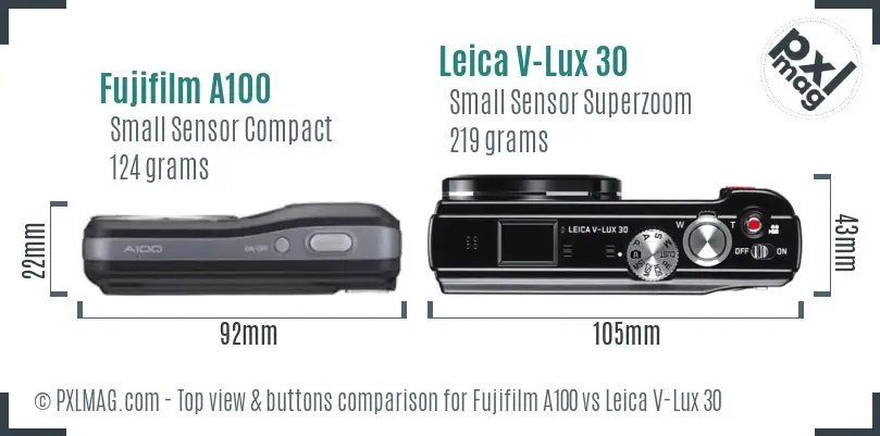 Fujifilm A100 vs Leica V-Lux 30 top view buttons comparison