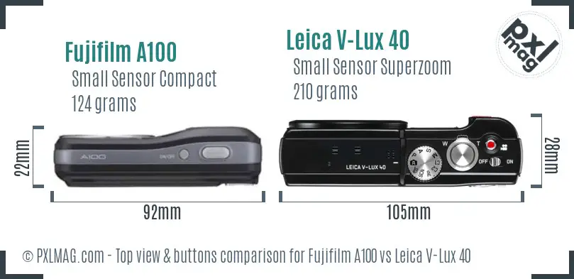 Fujifilm A100 vs Leica V-Lux 40 top view buttons comparison