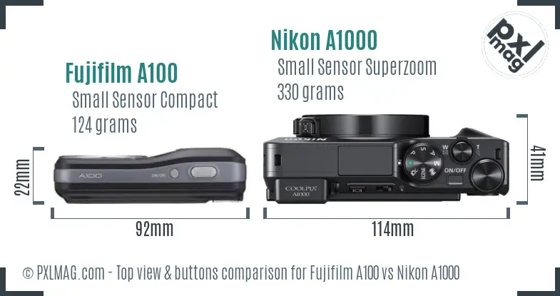 Fujifilm A100 vs Nikon A1000 top view buttons comparison Fujifilm A100 vs Nikon A1000 top view buttons comparison