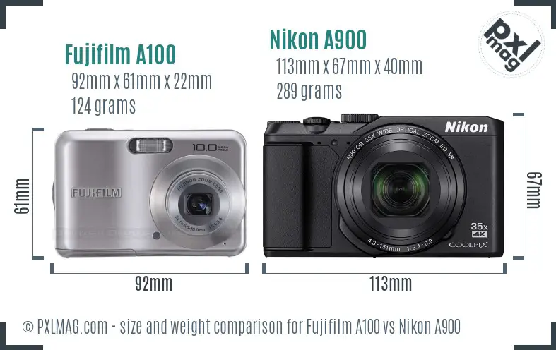 Fujifilm A100 vs Nikon A900 size comparison
