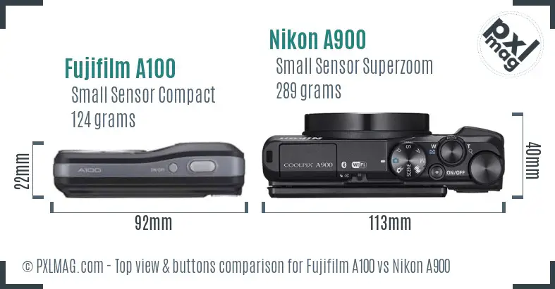 Fujifilm A100 vs Nikon A900 top view buttons comparison